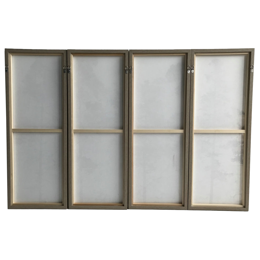Rear view of the four panels showing canvas backs, wooden frames, horizontal support bars and hanging fittings.