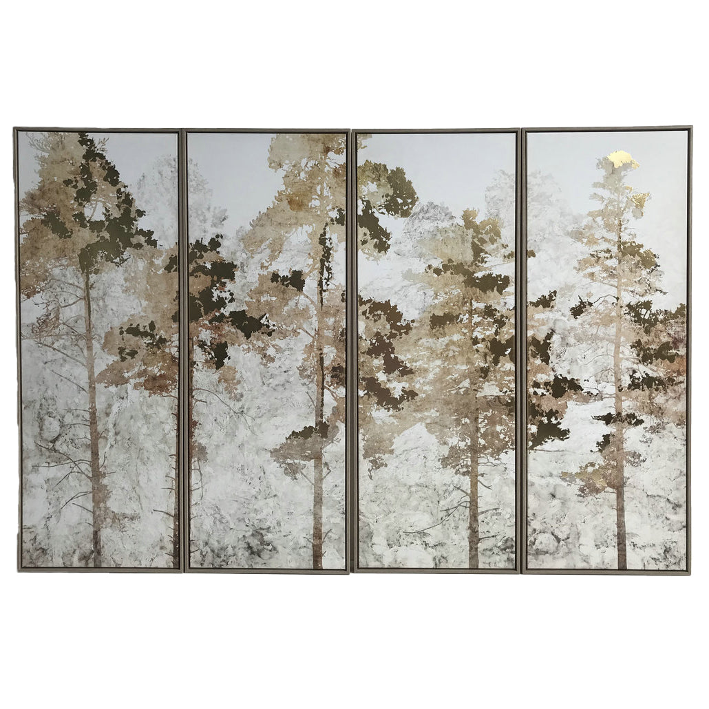 Front view of four framed woodland panels with pale trees and metallic foliage, arranged side by side against white.