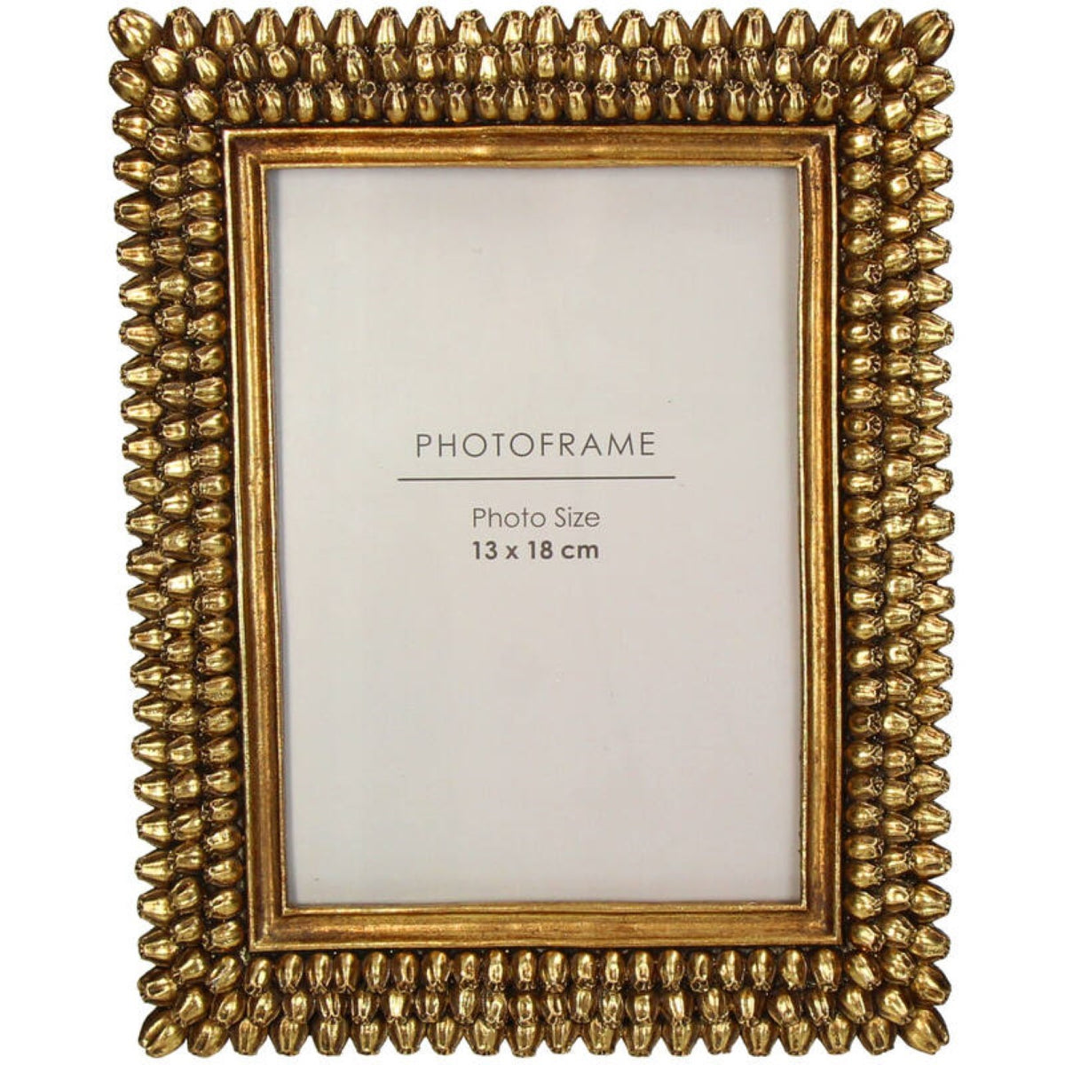 Front view of the rectangular gold photo frame with rows of bud-shaped details and a stepped inner edge.
