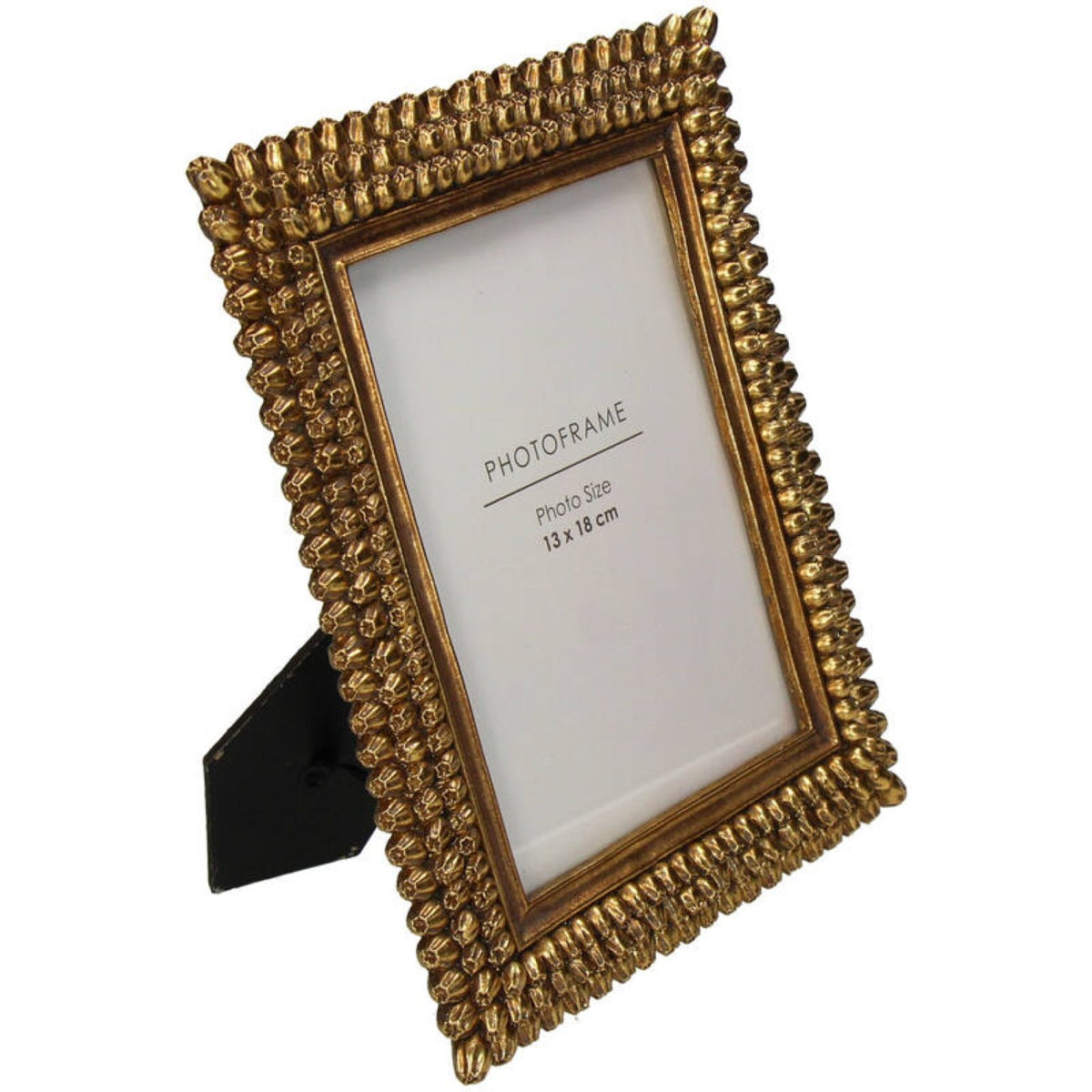 Angled view of the gold photo frame showing its broad raised bud border and black easel support.
