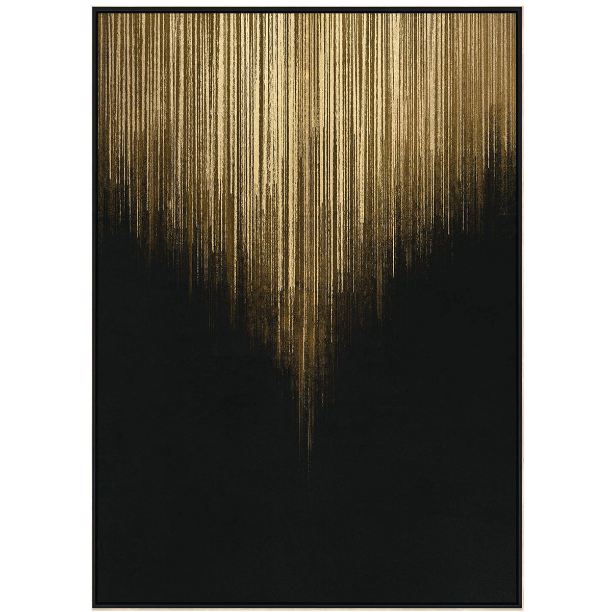 Front view of Gilded Rain wall art, with vertical gold trails tapering into a black background inside a slim black frame.