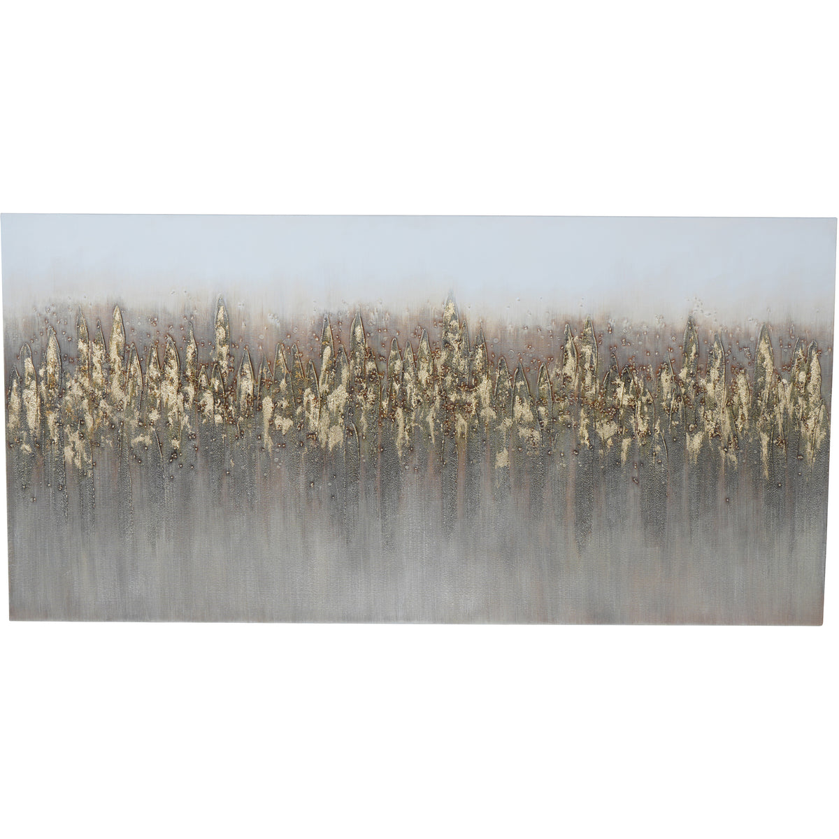 Front view of Gilded Reeds Wall Art with a horizontal band of textured gold-toned reeds across a pale grey, taupe and blush background.