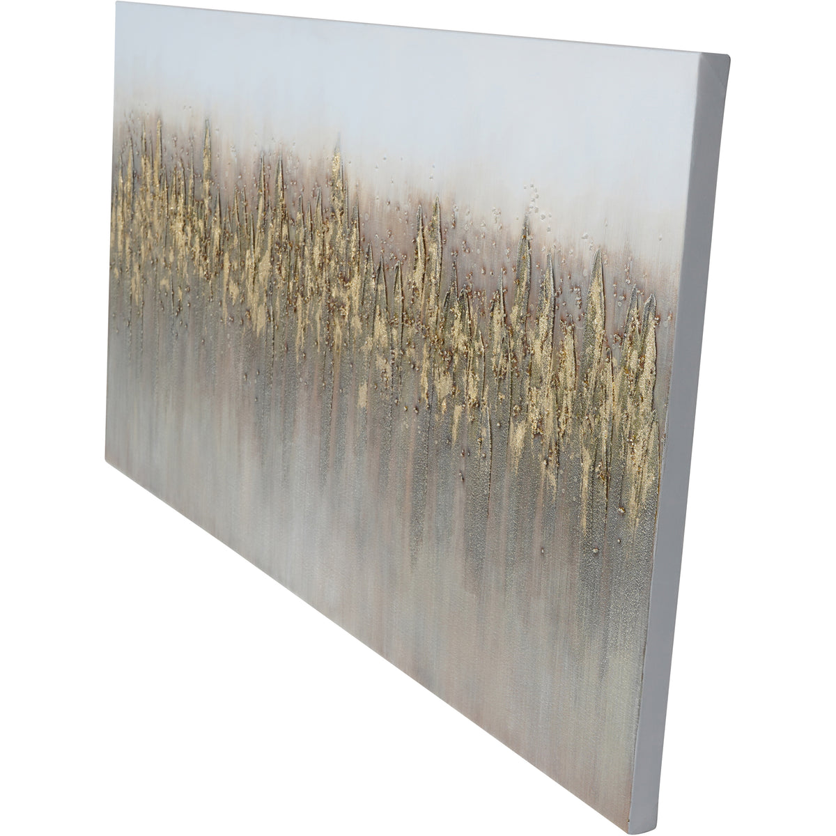 Angled view of the canvas showing raised reed forms, gold-toned highlights and the pale-grey wrapped right edge.