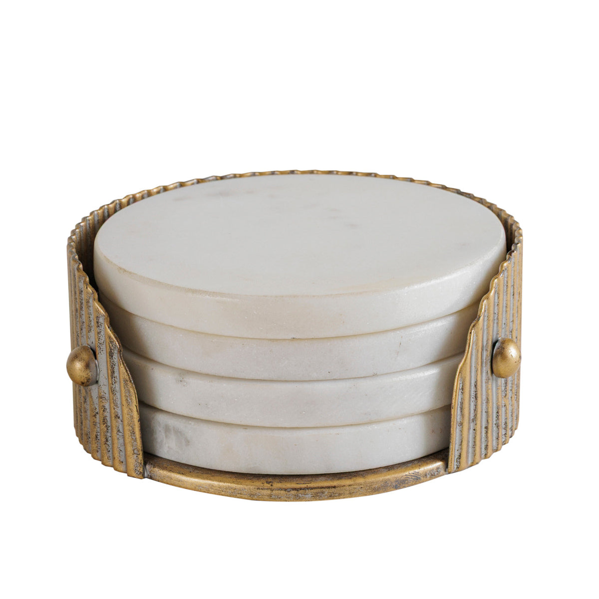 Front view of four round white marble coasters stacked in an aged gold ribbed holder with an open front and circular studs.