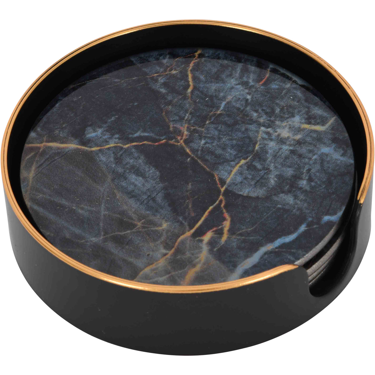 Round blue-black stone-effect coasters stacked in a black holder with a slim gold-coloured rim and open front.