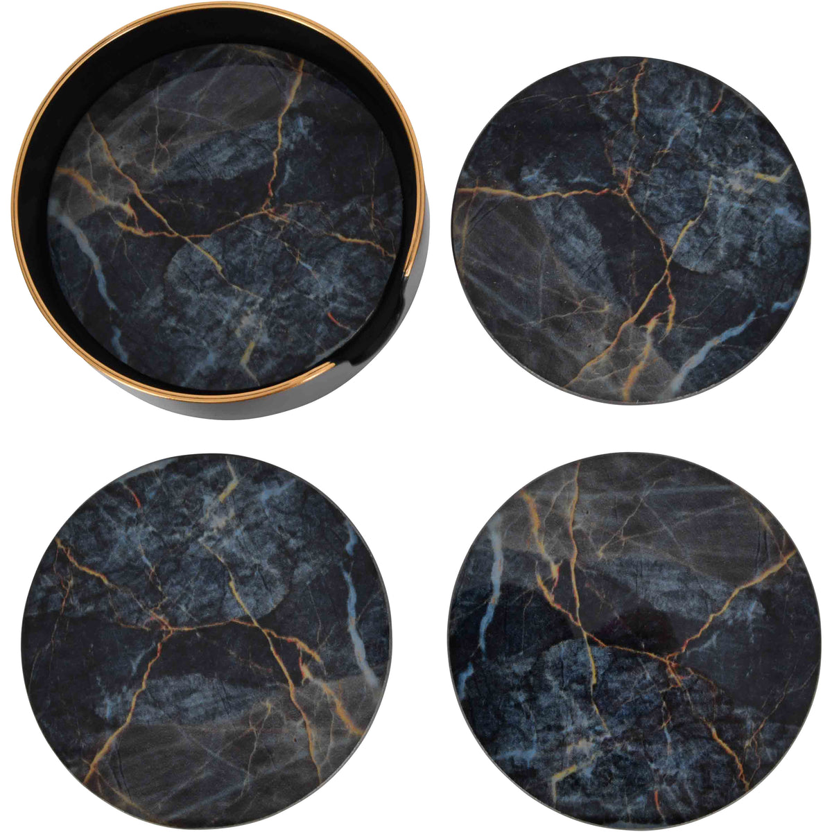 Overhead view of the holder beside three round coasters, showing differing gold, rust and pale blue vein patterns.