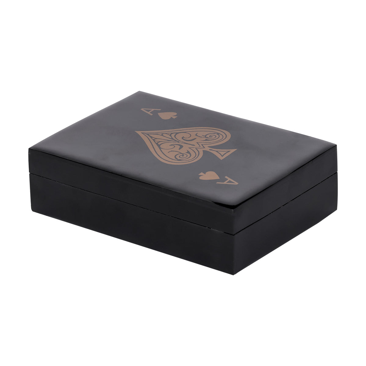 Angled view of the closed black card box with gold-toned ace of spades decoration on the lid.