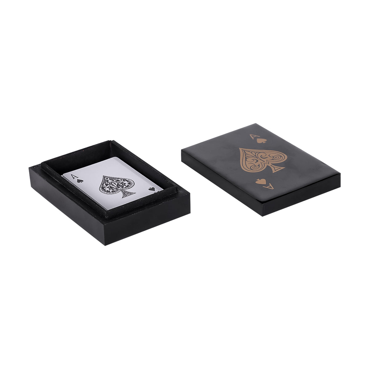 Open black card box showing a playing-card deck in the recessed compartment, with the decorated lid placed beside it.