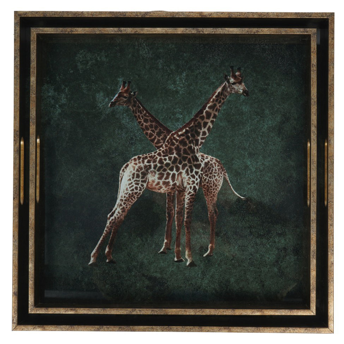 Top view of the two giraffe trays nested together, showing their square frames and handle openings on opposite sides.