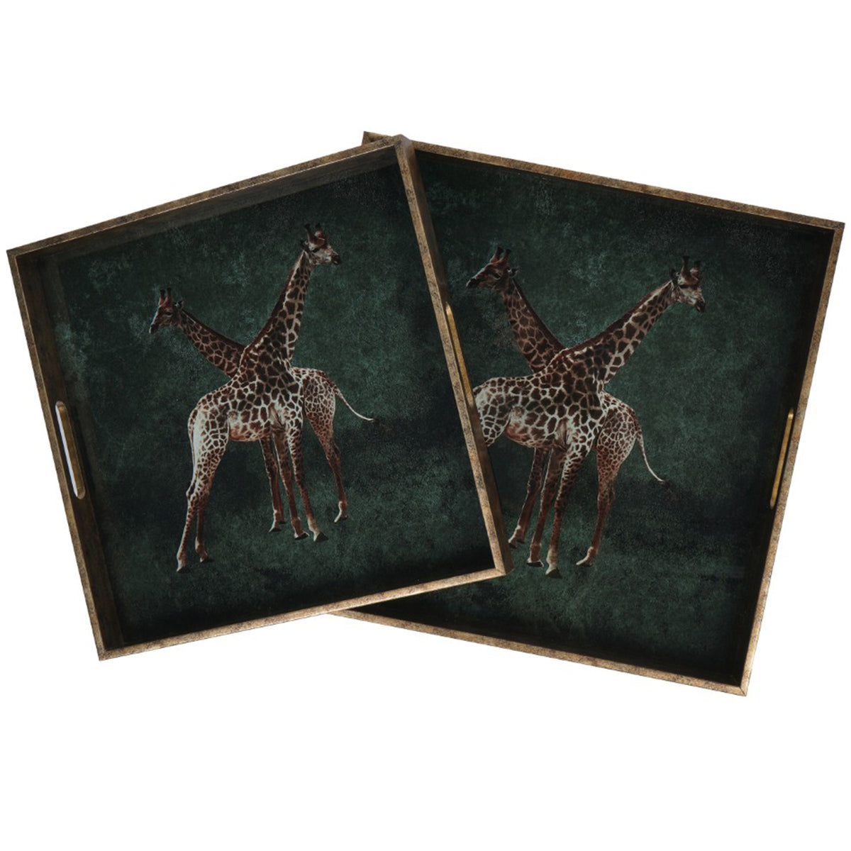 Two overlapping square trays with crossed-neck giraffe artwork, dark teal-green backgrounds and antique gold frames.
