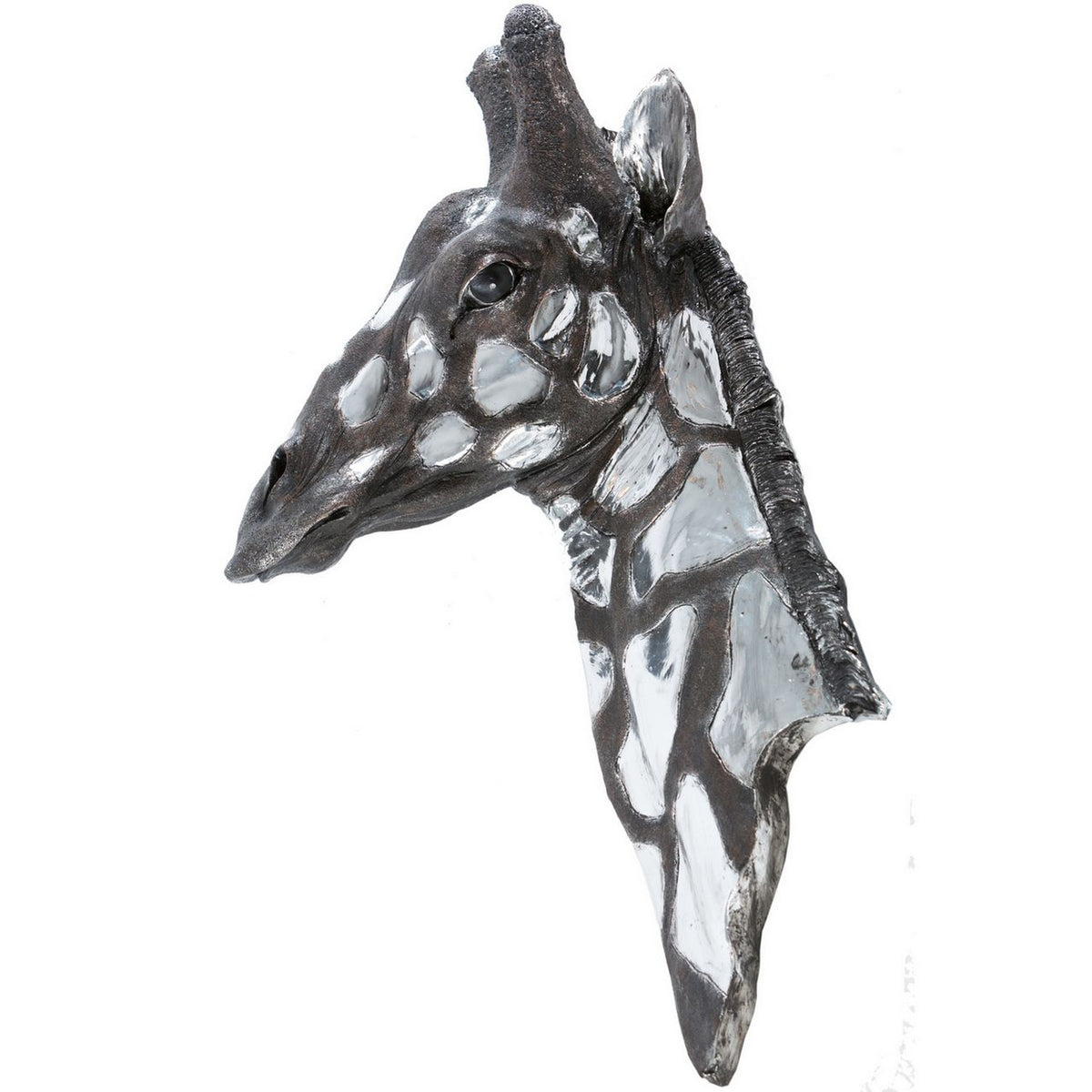 Left-facing giraffe head and neck wall plaque with reflective silver patches, dark textured markings and a ridged mane on a white background.