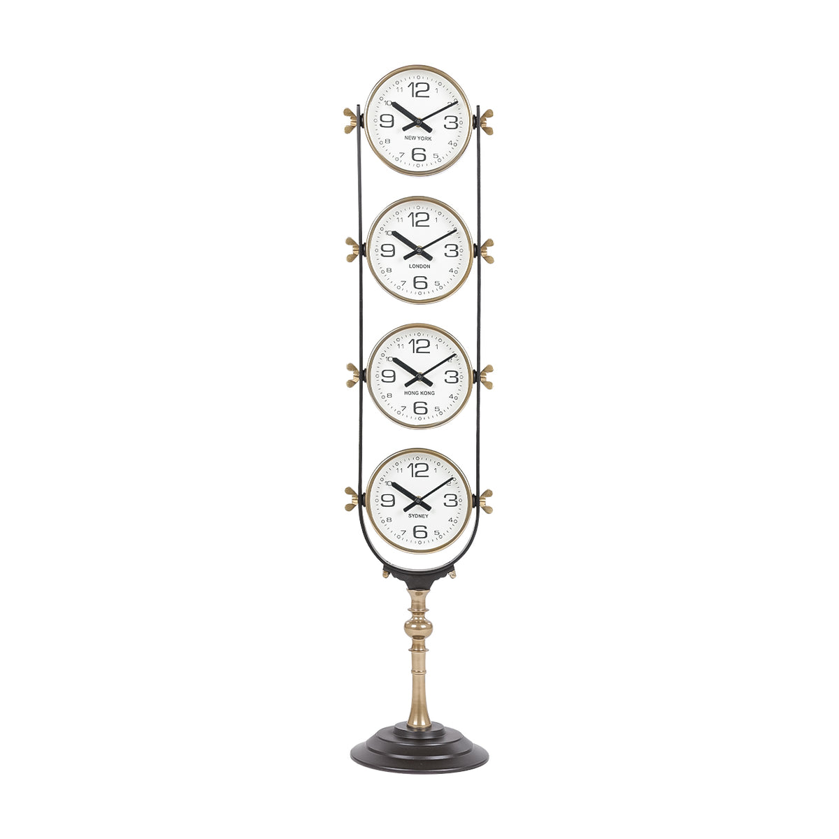 Front view of the four-dial clock with New York, London, Hong Kong and Sydney faces above a brass-tone pedestal and dark circular base.