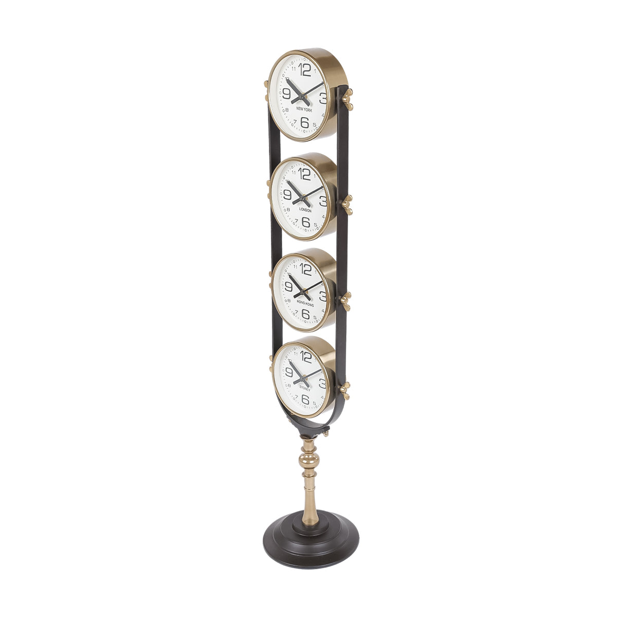 Angled view showing the deep brass-tone dial housings, slim dark rails and tiered circular foot.