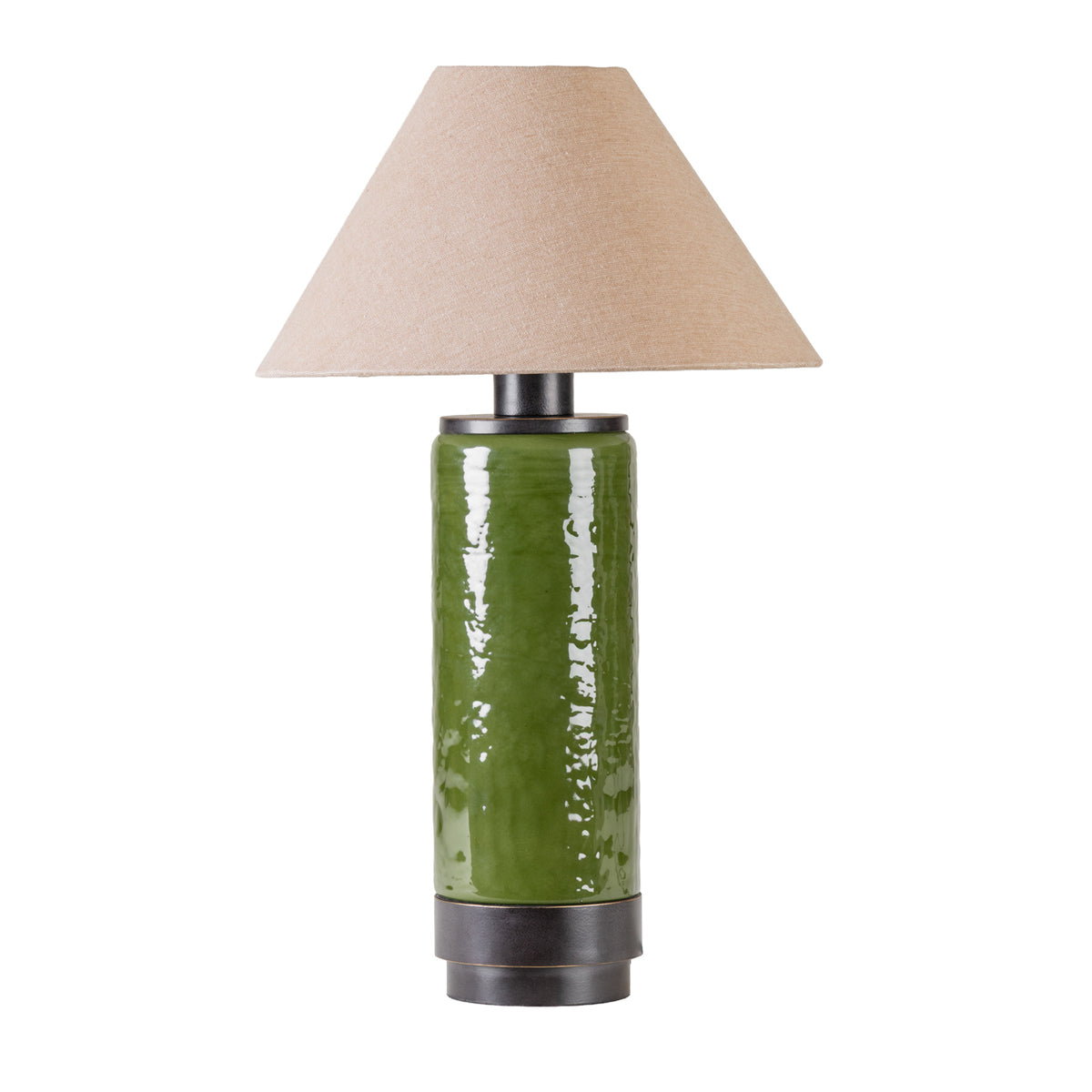 Sea-green cylindrical table lamp with a glossy rippled body, dark metal bands and round base beneath a broad natural-toned tapered fabric shade, on white.