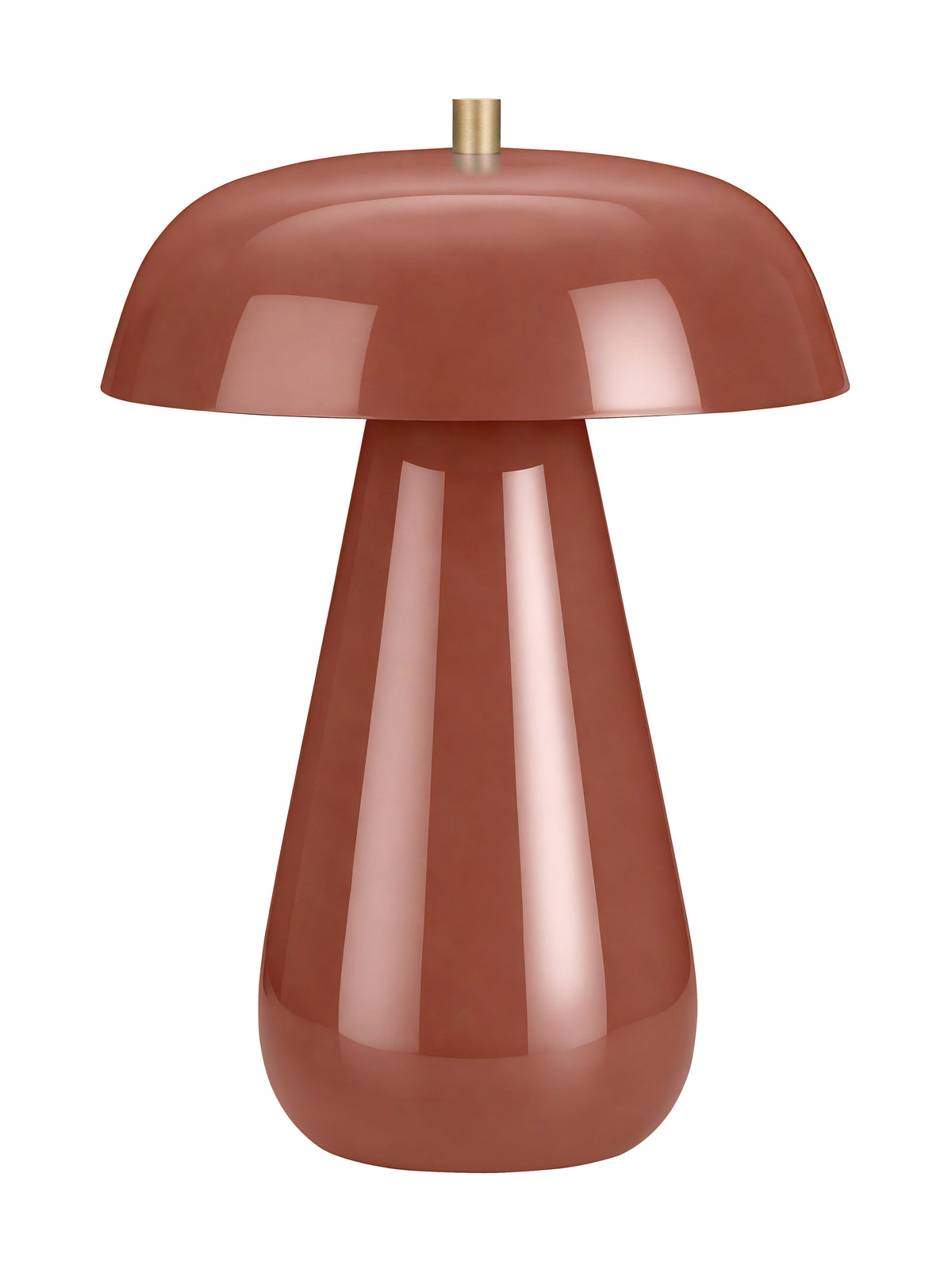Front view of a table lamp with a broad glossy dome shade, tapered base and small brass detail at the top, against a white background.