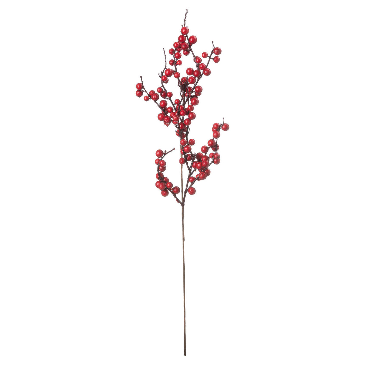 Full view of the artificial berry pick, with a long brown stem and branching clusters of glossy red berries against white.