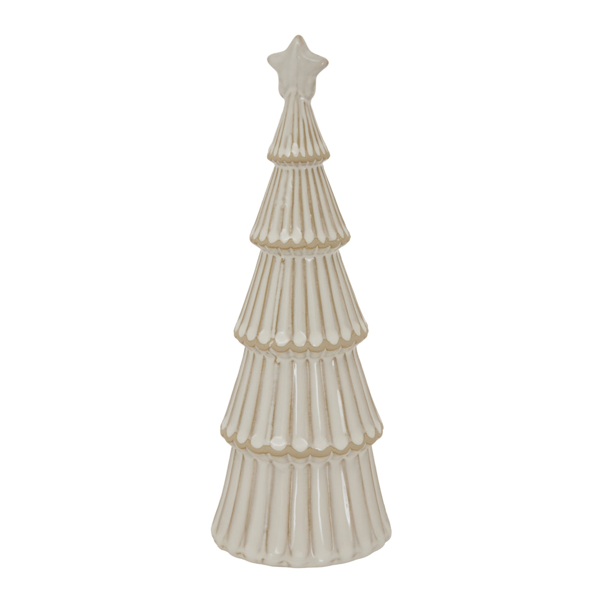 Alternate view of the cream star-topped tree ornament, showing beige shading beneath the scalloped tiers and along the vertical grooves.