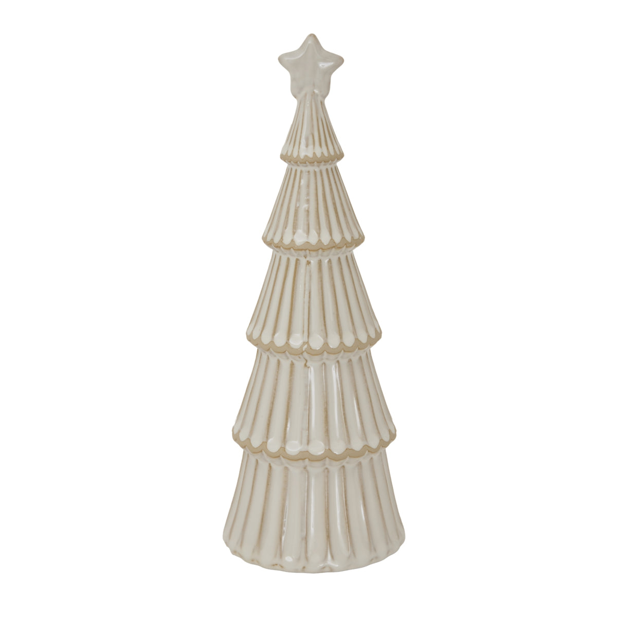 Glossy cream tree ornament against white, with a star top and five ribbed tiers edged with rounded scallops.