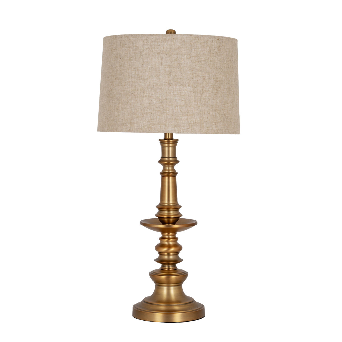 Gold-coloured table lamp with a ringed column, projecting circular disc and flared round base beneath a tapered cream textured shade, shown against white.
