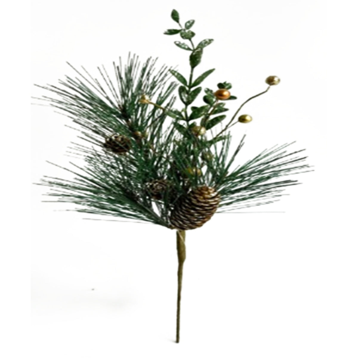 Artificial foliage spray on a white background, with fanned green pine needles, upright leafy sprigs, brown pinecone details, gold berries and a long wrapped stem.