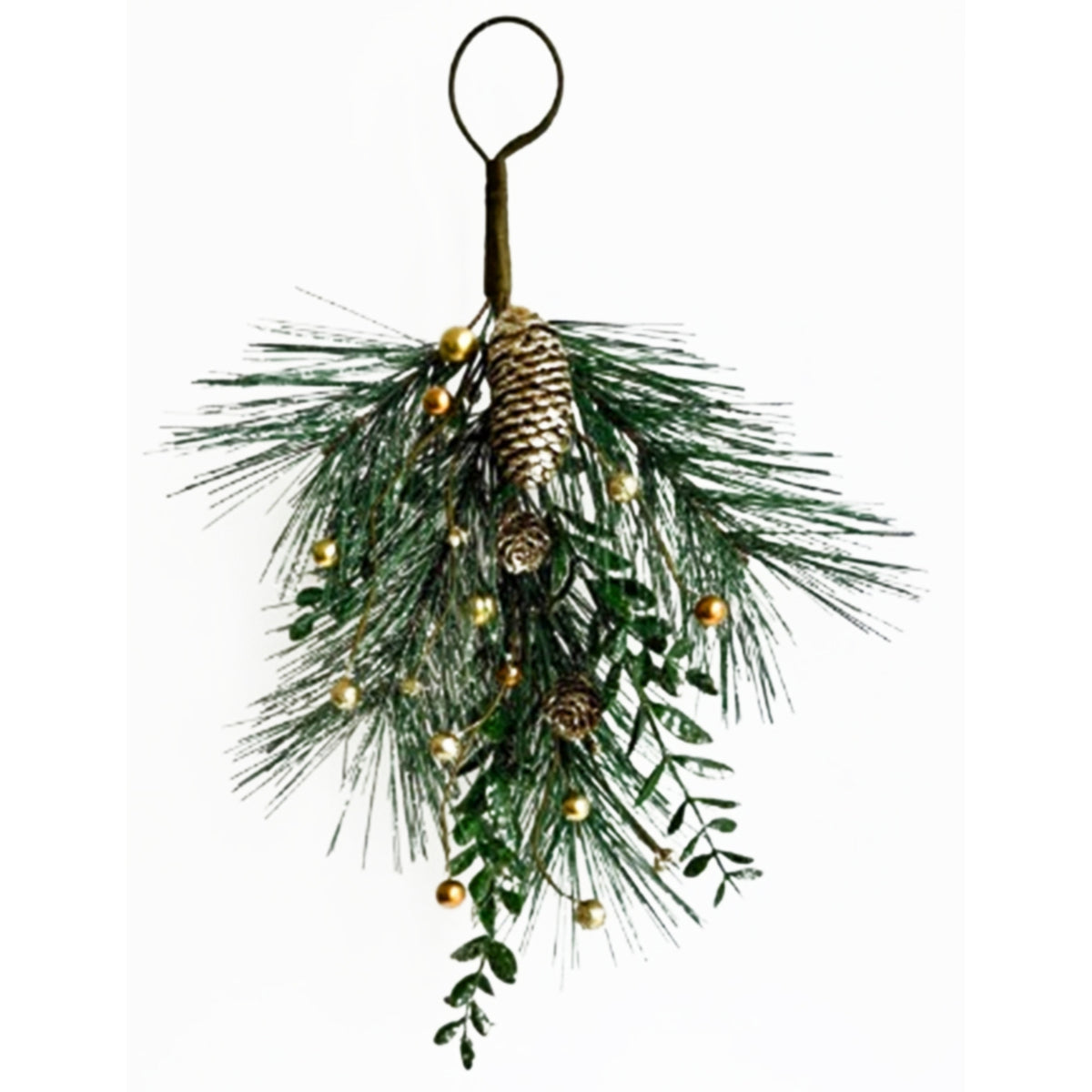 Teardrop foliage swag on a white background, with a top loop, spreading green needles, trailing leafy sprigs, pinecones and metallic gold berries.
