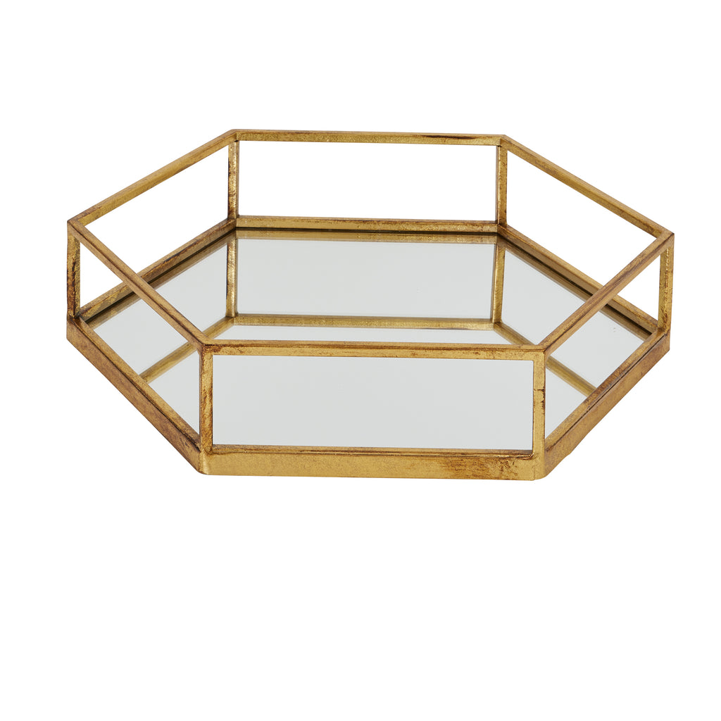 Angled view of a single hexagonal tray showing its reflective base, faceted side panels and gold-toned open rails.