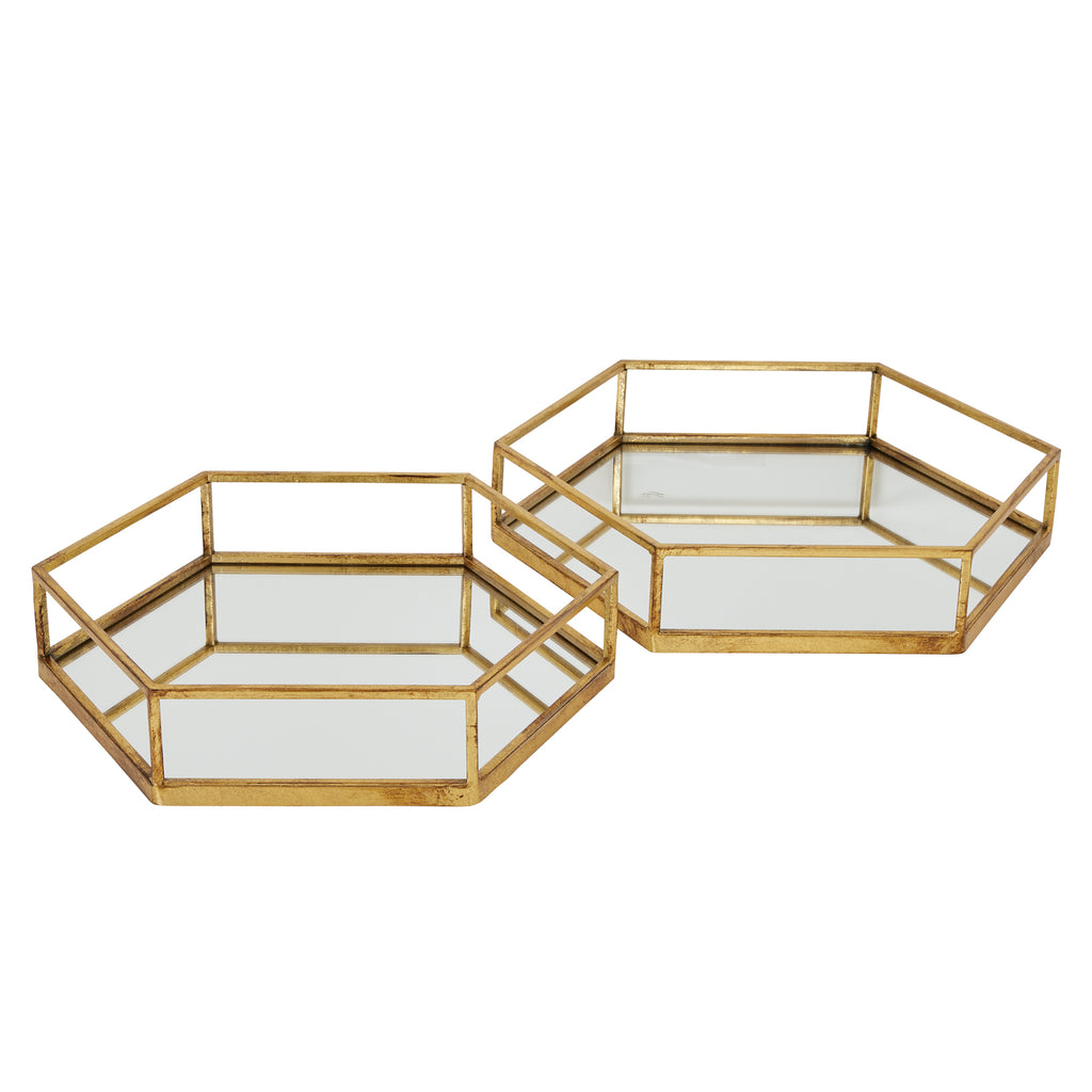 Two gold-toned hexagonal trays shown apart on a white background, with reflective bases and open perimeter rails.