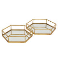 Two gold-toned hexagonal trays shown apart on a white background, with reflective bases and open perimeter rails.