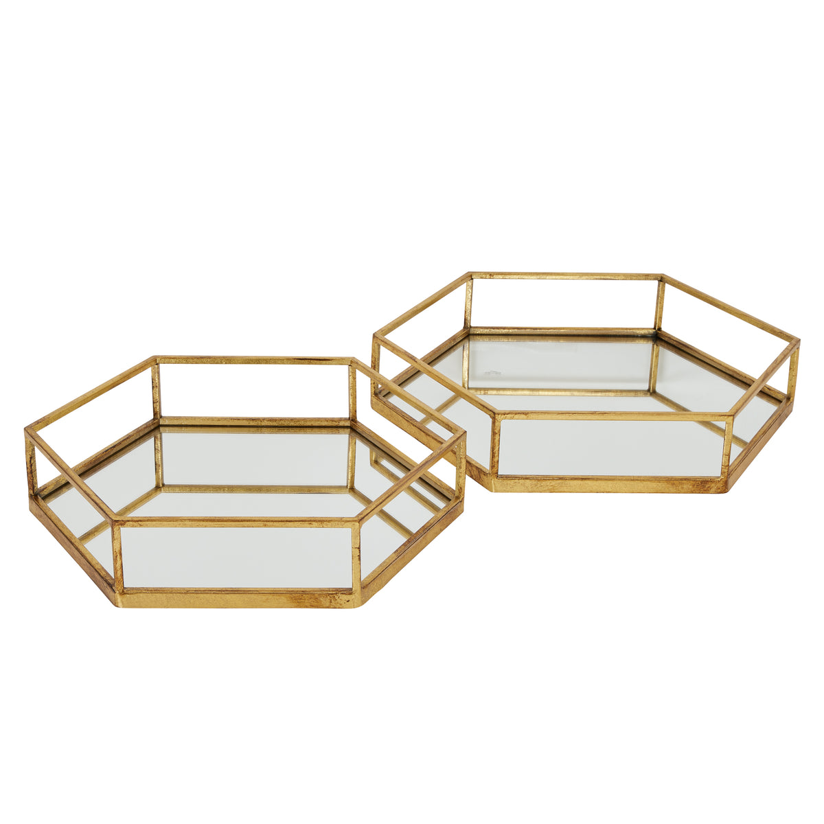 Two gold-toned hexagonal trays shown apart on a white background, with reflective bases and open perimeter rails.