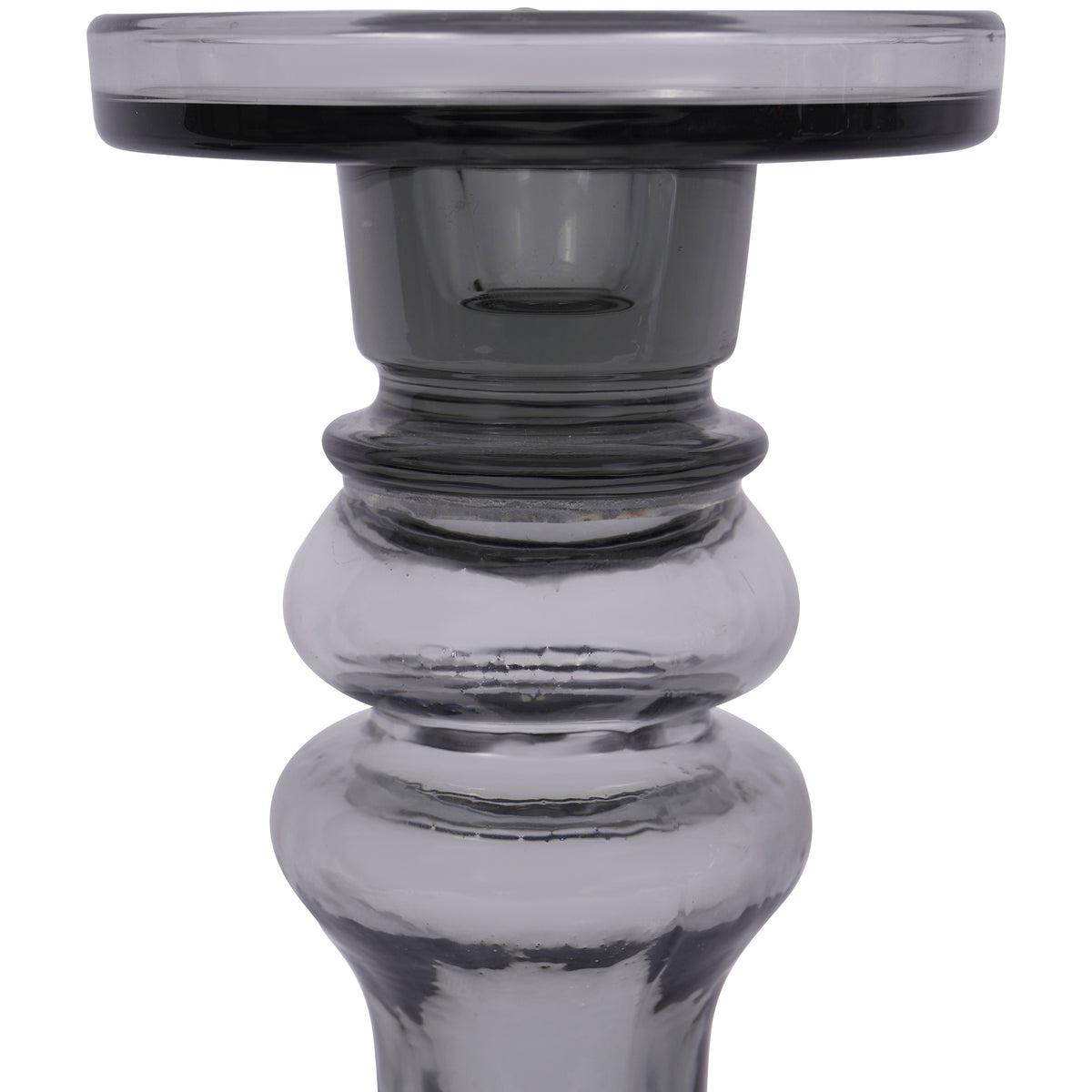 Front close-up of the candle holder's smoky grey platform and collar above two rounded glass sections.