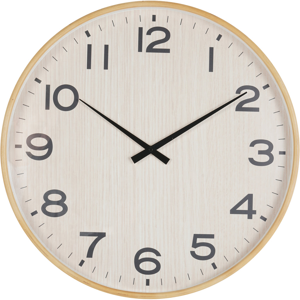 Front view of a round wall clock with a pale wood-grain effect dial, black numerals and hands, and a warm natural-toned rim.