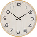 Front view of a round wall clock with a pale wood-grain effect dial, black numerals and hands, and a warm natural-toned rim.