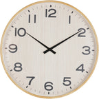 Front view of a round wall clock with a pale wood-grain effect dial, black numerals and hands, and a warm natural-toned rim.