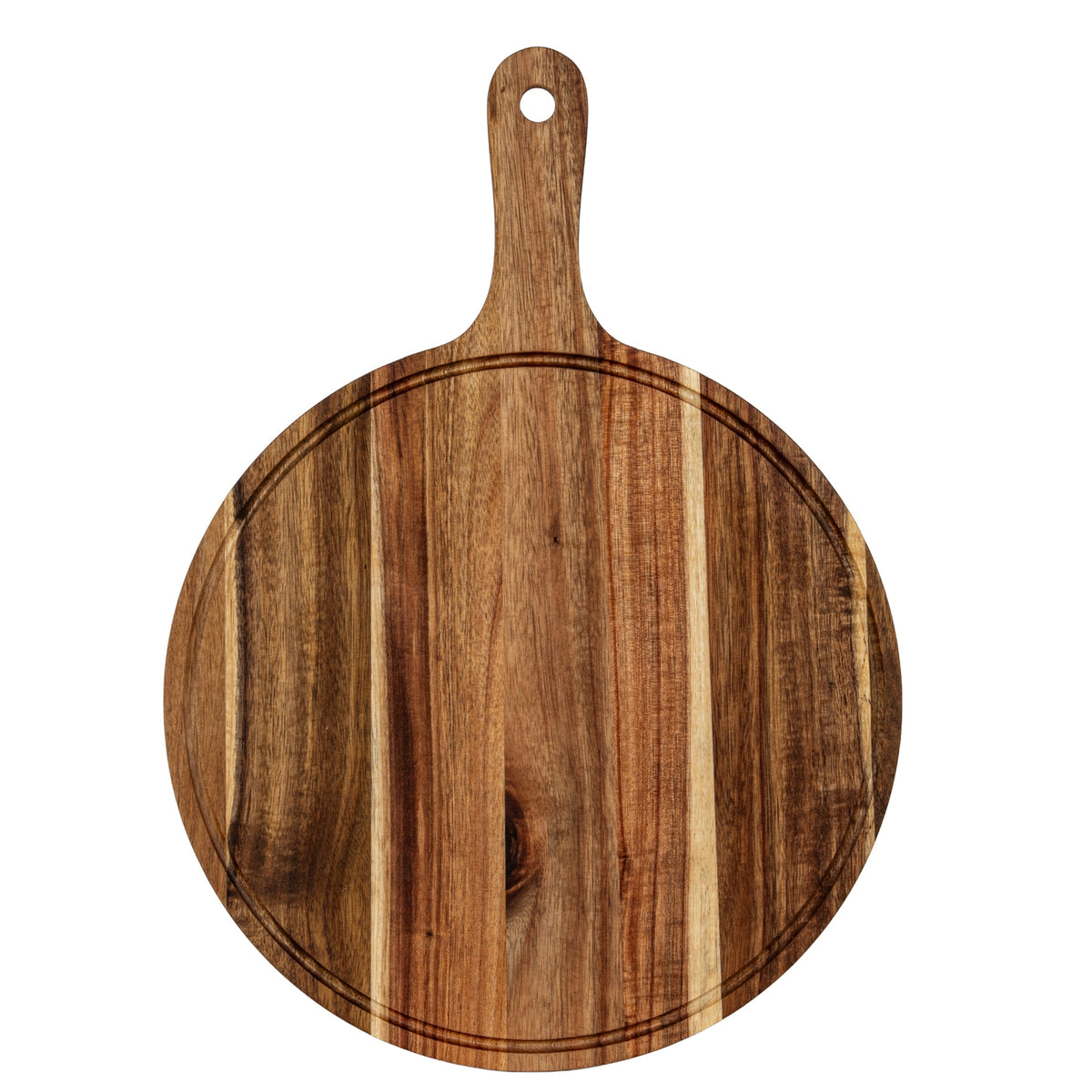 Front view of the circular brown serving board with vertical grain bands, a recessed edge ring and a long handle with a round hole.