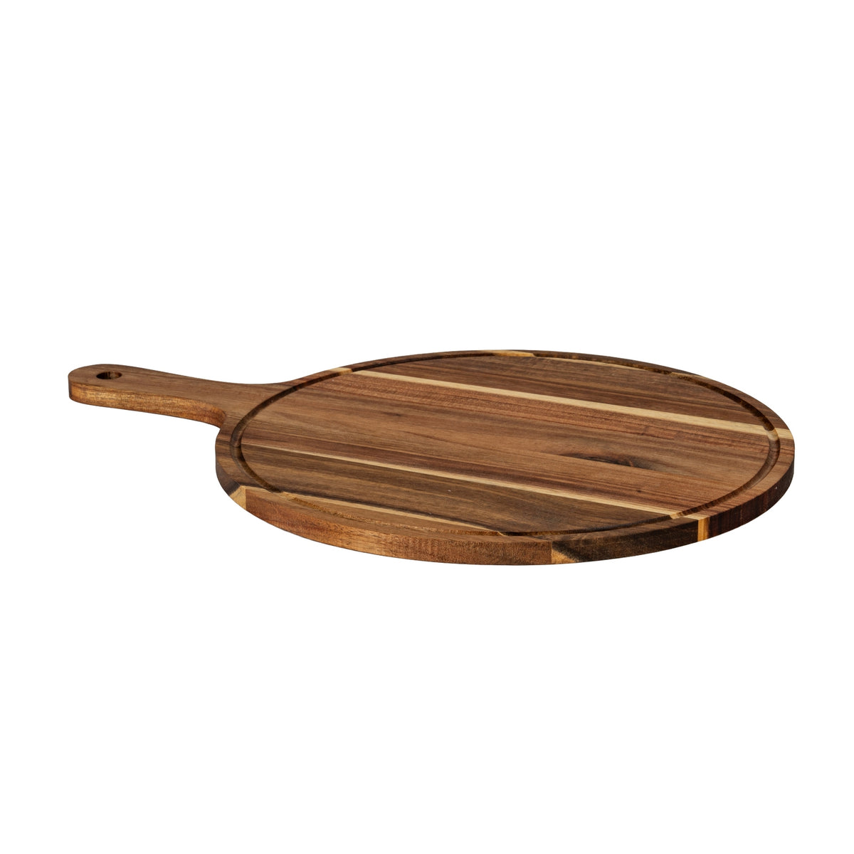 Angled view of the serving board lying flat with its handle to the left, showing the slim edge and pale bands across the brown face.