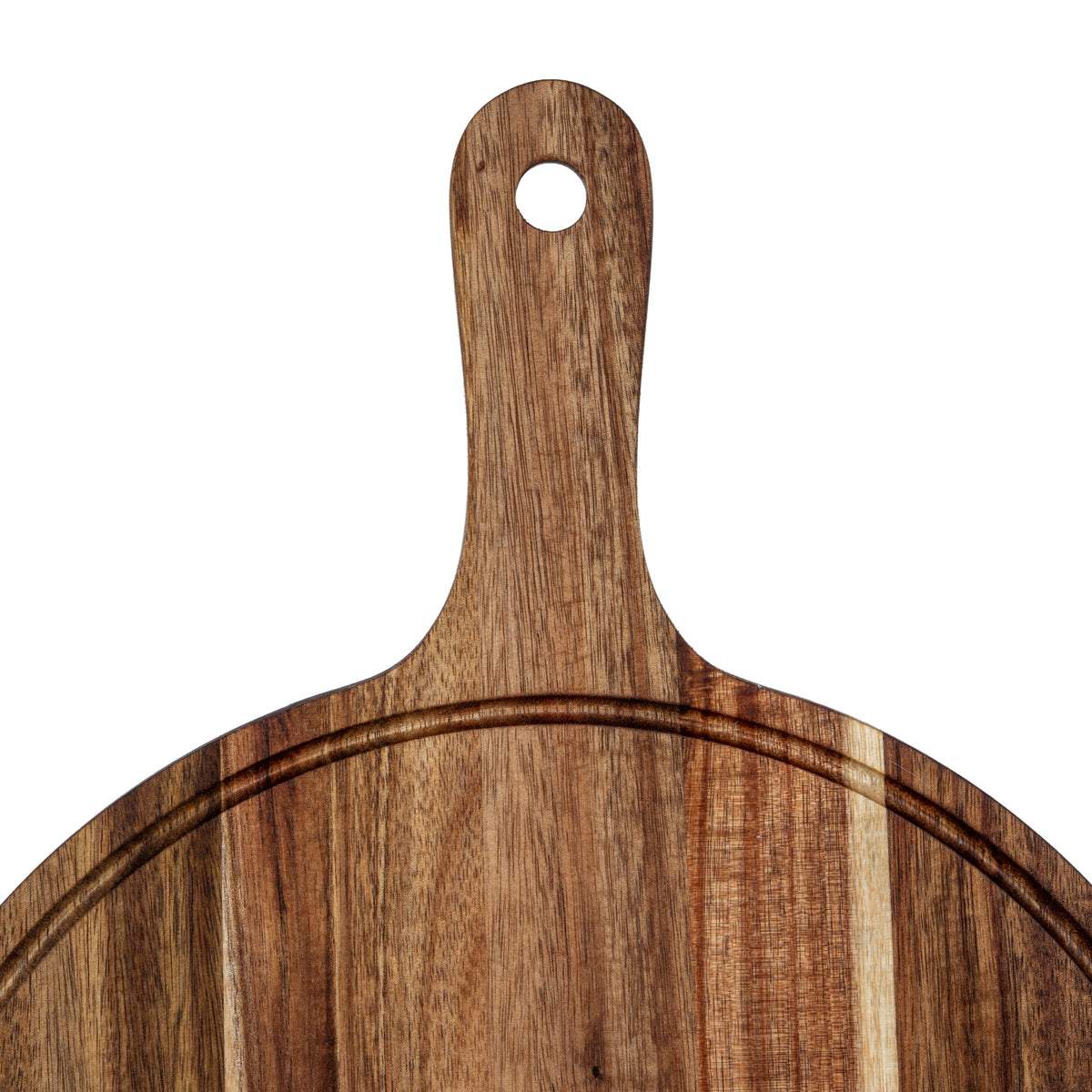Close-up of the rounded handle and hanging hole, showing fine brown grain and the recessed ring across the top of the board.
