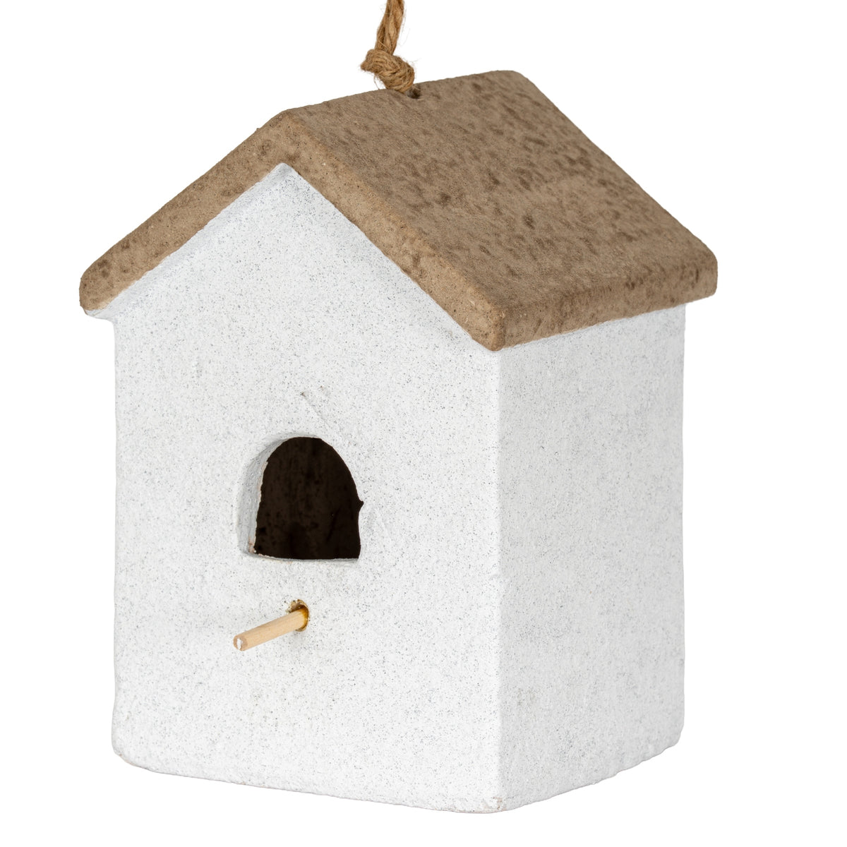 Closer view of the ornament's speckled off-white body and textured brown roof, showing the arched opening, projecting perch and rope knot above.