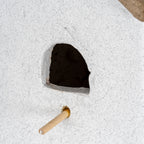 Detail of the dark arched opening and pale cylindrical perch against the ornament's granular, speckled off-white surface.