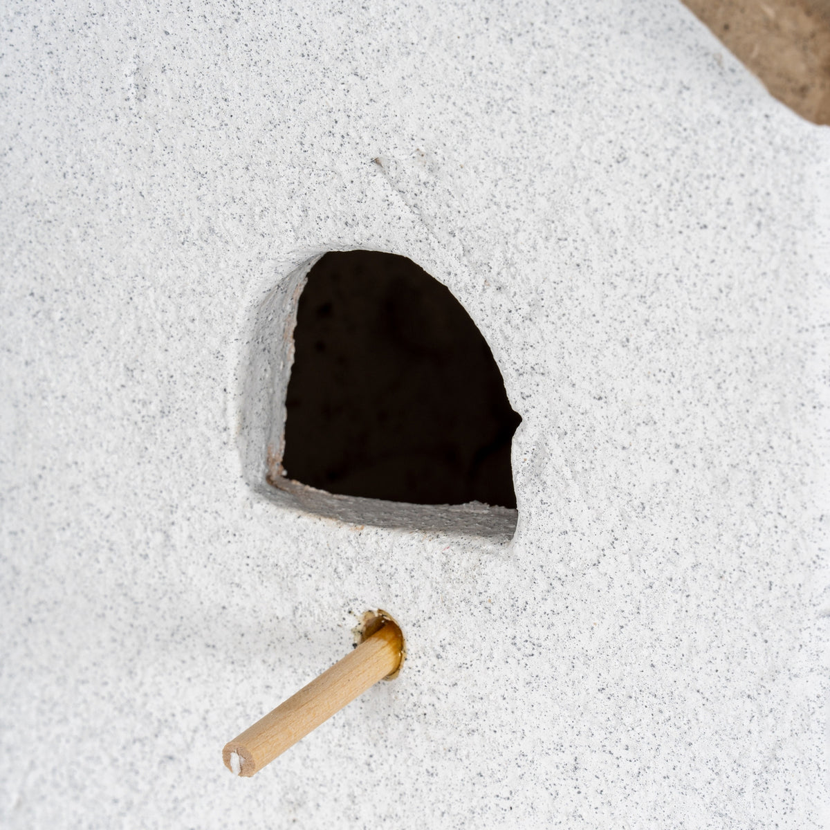 Detail of the dark arched opening and pale cylindrical perch against the ornament's granular, speckled off-white surface.