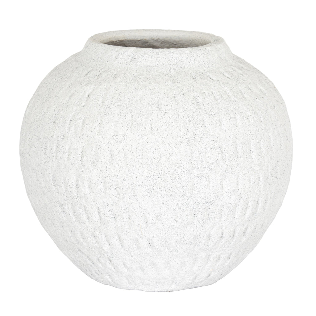 Rounded off-white vase with a short neck, wide opening and subtle vertical markings, shown against a white background.