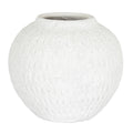 Rounded off-white vase with a short neck, wide opening and subtle vertical markings, shown against a white background.