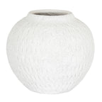 Rounded off-white vase with a short neck, wide opening and subtle vertical markings, shown against a white background.