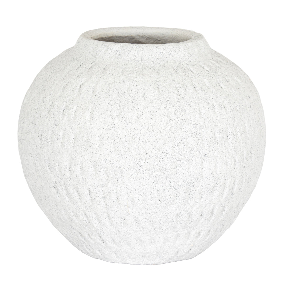 Rounded off-white vase with a short neck, wide opening and subtle vertical markings, shown against a white background.