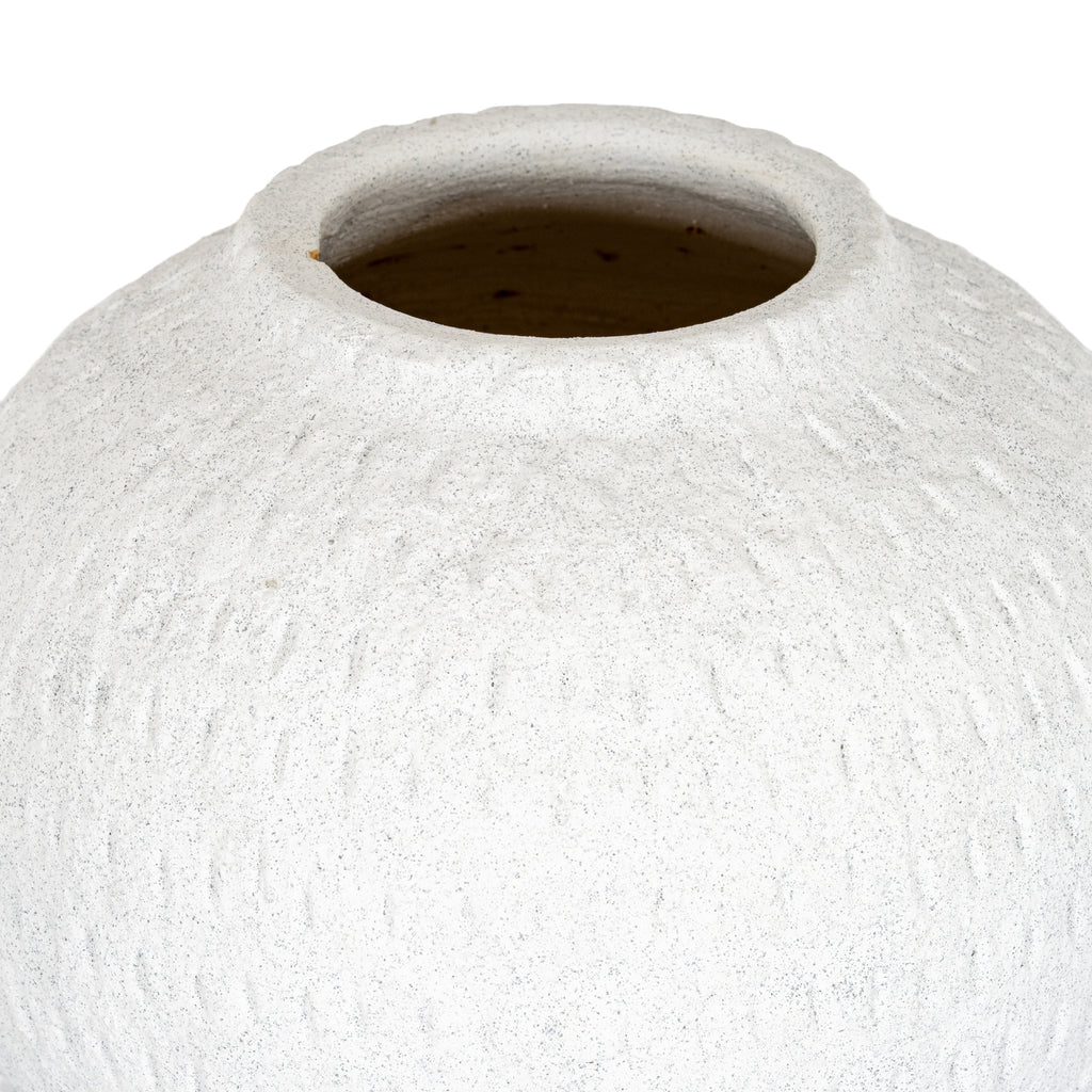Close view of the vase's wide mouth and sloping shoulders, showing its thick rim and fine grey speckles.