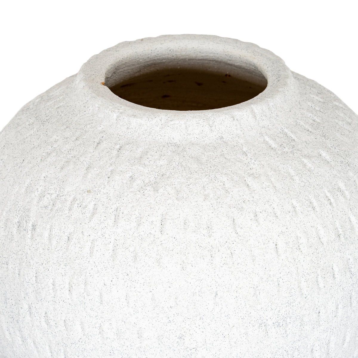 Close view of the vase's wide mouth and sloping shoulders, showing its thick rim and fine grey speckles.