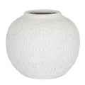 Rounded off-white vase with a short neck, wide opening and grey-speckled surface marked by irregular vertical strokes.