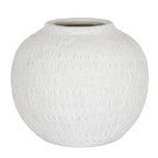 Rounded off-white vase with a short neck, wide opening and grey-speckled surface marked by irregular vertical strokes.
