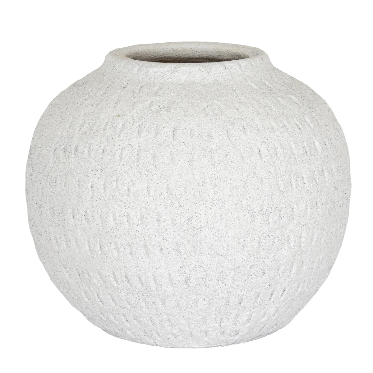 Rounded off-white vase with a short neck, wide opening and grey-speckled surface marked by irregular vertical strokes.
