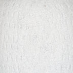 Detail of the vase's granular off-white surface with fine grey speckles and irregular shallow vertical strokes.