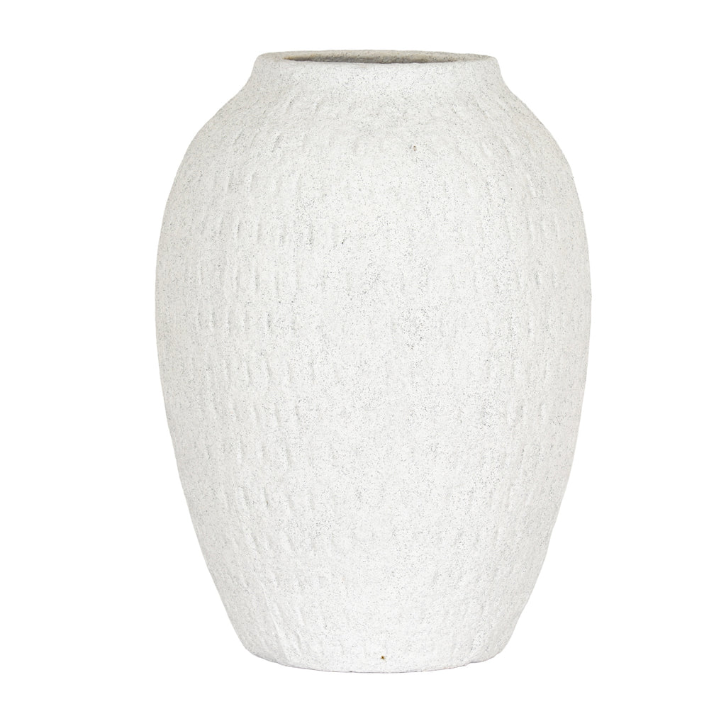 Off-white vase with a rounded upright body, sloping shoulders and shallow vertical markings on a white background.